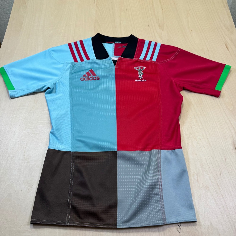 Adidas Harlequins Rugby Jersey 17/18 Blue Red Brown Gray Patchwork Short Sleeve